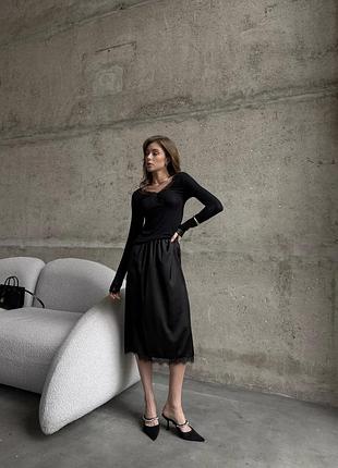 Жіноча сатинова спідниця міді з мереживом чорна сіра