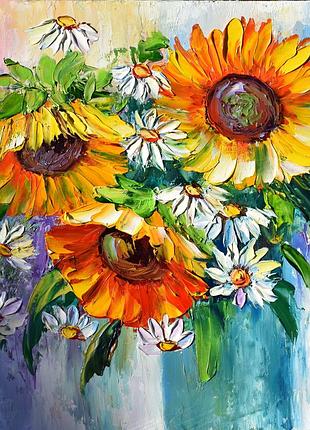 Букет соняшників, живопис олійними фарбами,30 на 30см