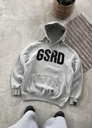 Вінтажний світло сірий дуже плотний худі gstar raw з великим вишитим логотипом на грудях широкий оверсайз крій теплий з маленьким деталями