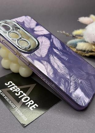 Чохол для samsung s25 з лінзами на камеру візерунком пір'я переливається глянсовий протиударний