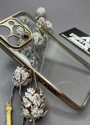 Чехол прозрачный для iphone 14 pro хромирован с глянцевой окантовкой противоударный full camera золотистый