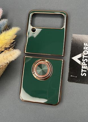 Чехол для samsung galaxy flip 4 (f721) с кольцом-подставкой хромированным ободком противоударный силиконовый зеленый