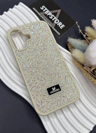 Чехол для iphone 16 plus с камушками стразами силиконовый противоударный блестящий женский бежевый