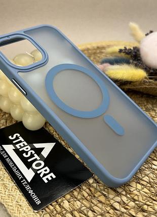Чохол для iphone 14 з magsafe матовий з кольоровим обідком прозорий протиударний магнітний блакитний