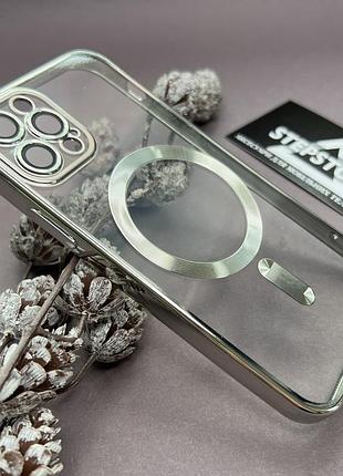Чохол бампер для iphone 12 pro з magsafe лінзи на камеру прозорий хромований обідок протиударний 4. срібний