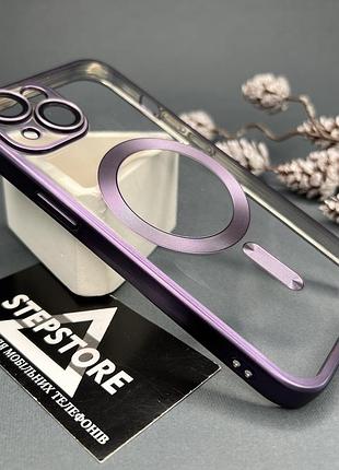 Чохол для iphone 15 з magsafe лінзами на камеру прозорий матовий обідок протиударний хромований 4. фіолетовий ( deep purple)