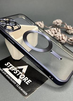Чохол для iphone 12 pro max з magsafe лінзами на камеру прозорий матовий обідок протиударний хромований 2. синий (blue)