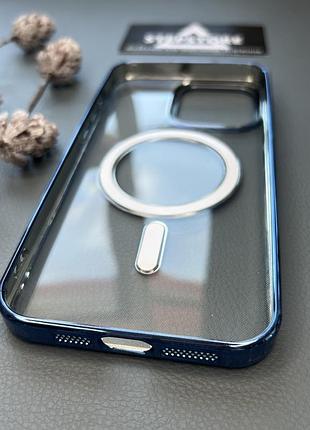 Чохол бампер для iphone 15 pro з magsafe хромований обідок прозорий протиударний синій 2