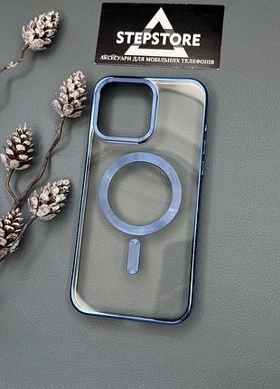 Чохол бампер для iphone 15 pro з magsafe хромований обідок прозорий протиударний синій 3