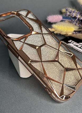 Чохол для iphone 15 pro з блискітками crystal глянсовий хромований обідок об'ємний прозорий золотистий (gold)