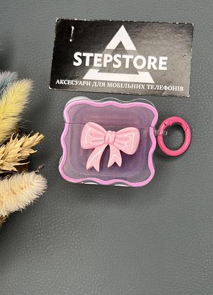 Чехол для apple airpods 4 волнистый с объемным бантиком карабином прозрачный противоударный