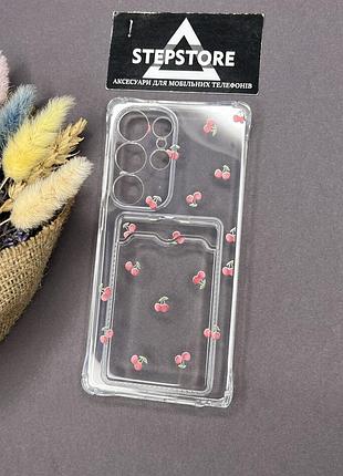 Чохол для samsung s25 ultra з кишенькою прозорий з малюнком вишеньки силіконовий із закритою камерою