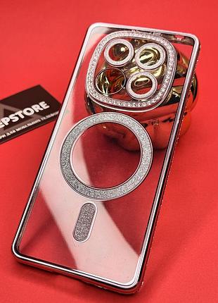 Чехол для xiaomi redmi note 14 pro 4g с magsafe со стразами линзами на камеру блестками прозрачный противоударный розовый