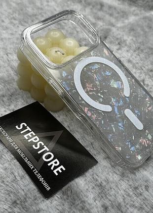 Чохол для iphone 17 pro з magsafe кольоровим візерунком із блискітками переливається протиударний прозорий