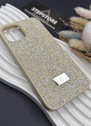 Чехол для iphone 12 / 12 pro с камушками стразами силиконовый противоударный блестящий женский бежевый