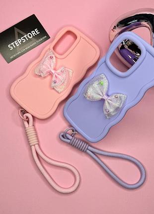 Чехол для samsung a35 (a356) с объмным бантом волнистый противоударный со шнурком розовый с бантом