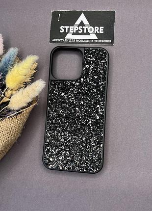 Чехол для iphone 16 pro max с камушками стразами силиконовый противоударный блестящий женский черный пайетки 2