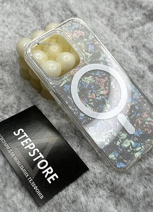 Чохол для iphone 15 pro з magsafe кольоровим візерунком із блискітками переливається протиударний прозорий