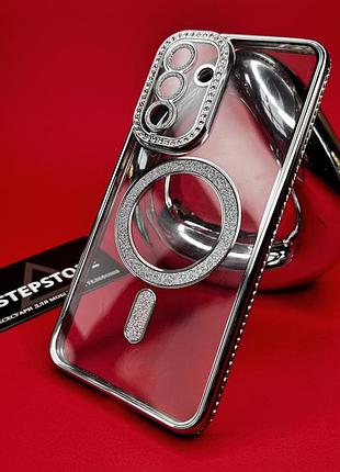 Чехол для samsung a56 (а566) с magsafe со стразами линзами на камеру блестками прозрачный противоударный серебристый
