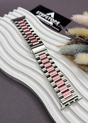 Браслет ремешок металлический для apple watch 38 40 41 42 мм series 2 3 4 5 6 7 8 9 10 11 se застежка 6. серебристый-розовый