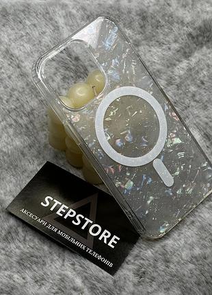 Чехол для iphone 13 pro max с magsafe цветным узором с блестками переливается противоударный прозрачный