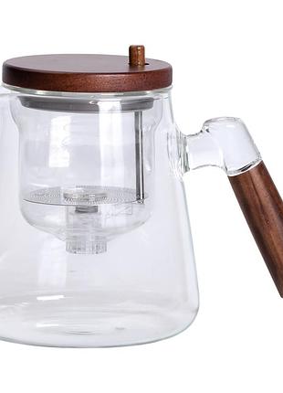 Заварник скляний для чаю 1 л чайник для заварювання з дерев'яною ручкою прозорий hp-34-7
