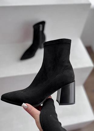 Ботильйони черевики на стійких підборах еко замшеві чорні осінь весна демі з флісом жіночі