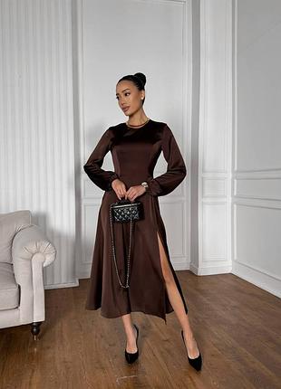 Накладной платеж ❤ праздничное шоколадное шелковое платье миди с разрезом и длинным рукавом