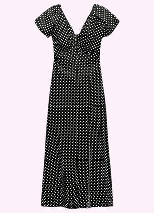Сукня міді з обʼємними рукавами і відкритою спиною в горошок zara s чорно-біла