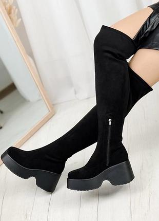 Ботфорти чоботи високі еко замшеві на стійкому підборі і платформі євро зимові з хутром чорні жіночі