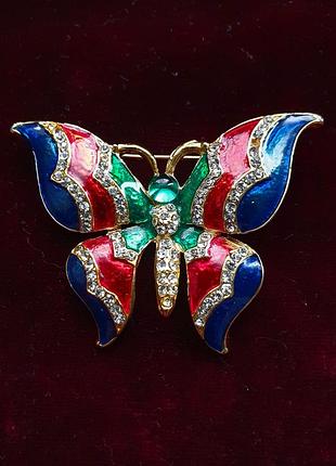 Винтажная брошь бабочка в золотом тоне с яркой эмалью  и кристаллами, европейский винтаж