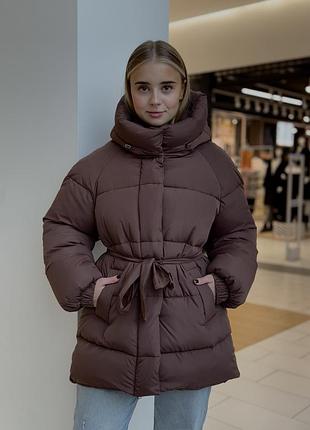 Новинка  шоколадний пуховик з паском