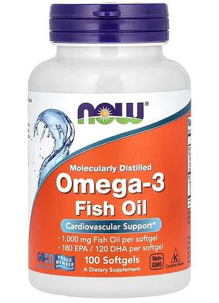 Омега-3, omega-3, now foods, 180 эпк/ 120 дгк, 100 гелевых капсул