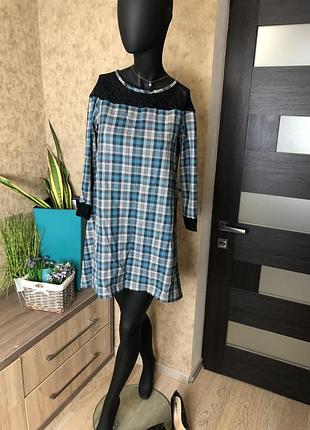 Щільна сукня трапеція розширена з мереживом в клітинку нарядна святкова тепла фланель