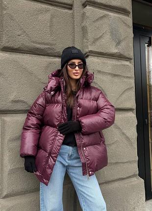 Жіночий теплий пуховик з поясом і капюшоном біо пух бордовий молочний чорний