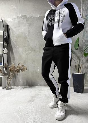 Спортивний костюм утеплений дтф чоловічий худі штани чорно-білий
