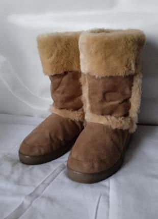 Угги зимние на меху, украшенные мехом,цвет кэмел
