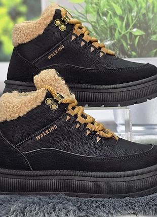 Черевики жіночі зимові gipanis чорні на рівній підошві зі штучним хутром тедді 8264