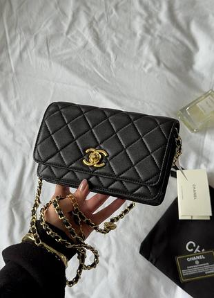 Люксовая женская брендовая сумка classic wallet on chain quilted caviar black/gold 🤩