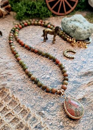 🔺🌾🍀 колье-чокер с подвеской капля натуральный камень яшма унакит