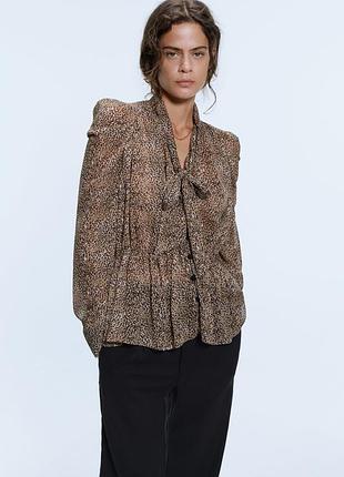 Напівпрозора леопардова блуза блузка жіноча з довгими рукавами ліхтариками на ґудзиках з бантом з завʼязкою жіноча zara