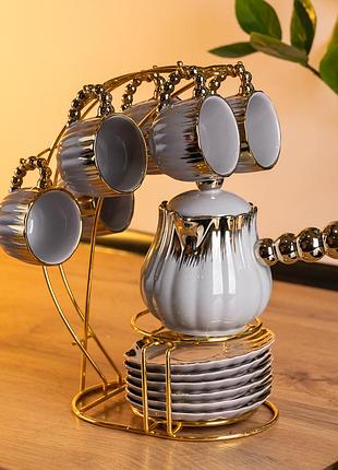Кофейный сервиз на подставке с кофейником 450 (мл) 6 чашек по 90 (мл) подарочный набор чашек на подставке серый с золотом fm-jj-4