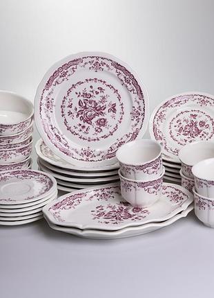 Столовый набор посуды тарелок и чашек 32 предмета на 6 персон "бордовый меандр" фарфоровый yy78-3a