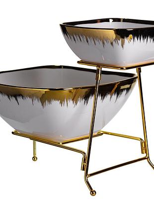 Фруктовниця на 2 яруси фуршетна стійка для закусок 31×23×25 (см) цукерниця біла з золотом 2558-1