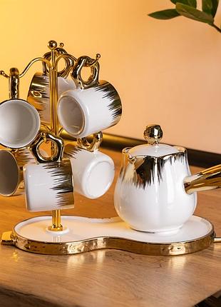 Кофейный сервиз на подставке с кофейником 450 (мл) 6 чашек по 90 (мл) подарочный набор чашек на подставке белый с золотом fm-jj-3