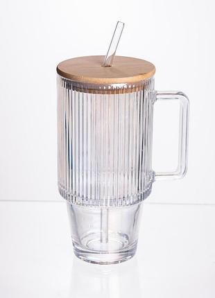 Кружка стеклянная с крышкой и трубочкой 750 (мл) hp-19-49