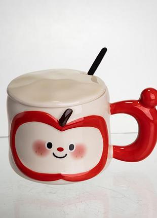 Чашка фарфоровая 400 (мл) с крышкой и ложкой, оригинальная кружка на подарок чашка для детей красный fm-25b