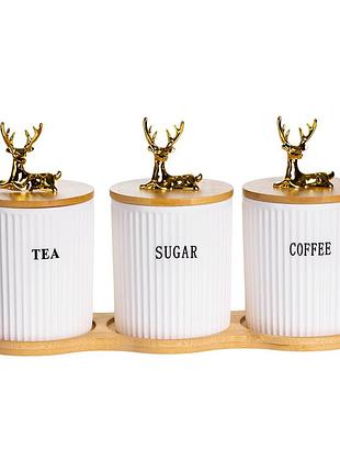 Набор фарфоровых банок для сыпучих на подставке 3 шт по 400 мл для чая кофе сахара sct-652