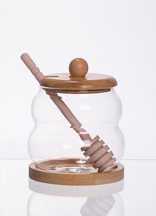 Стеклянная медовница с бамбуковой подставкой и ложкой 350 мл 64486-8