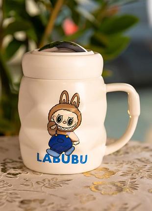 Чашка порцелянова з кришкою labubu 400 (мл) подарункова кружка прикольна чашка для дітей на подарунок білий з синім fm-54a